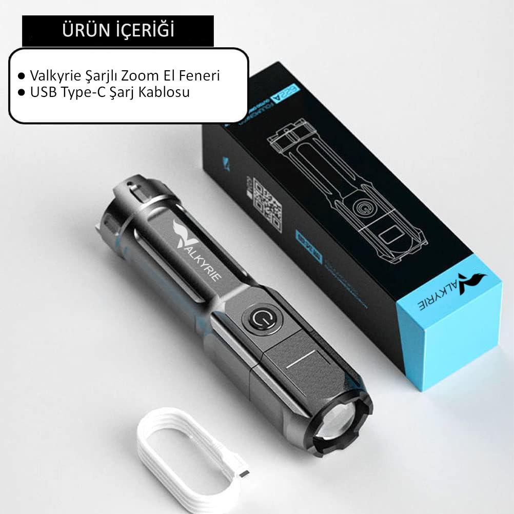Valkyrie Şarjlı Ultra Güç El Feneri Zoom 3 Mod Type-C Uzun Kullanım Suya Dayanıklı Valkyrie Şarjlı Ultra Güç El Feneri Zoom 3 Mod Type-C Uzun Kullanım Suya Dayanıklı